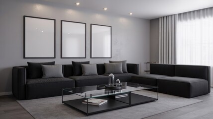 A modern living room with a dark gray sectional sofa and three framed art pieces on the wall