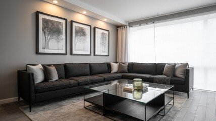 Corner sofa with pillows and a glass coffee table in a living room with art and window blinds