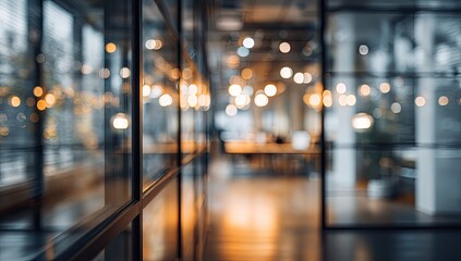 Blurry modern office interior with glass partitions and warm lighting
