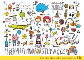Collection of cute doodle handwritten decorative design elements, hand drawn in trendy doodle style - animals, plants, symbols. Colorful vector illustration