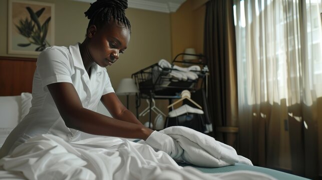 Hotel room service expert, an African American maid diligently making bed in a pristine, well-lit, comfortable hotel accommodation with housekeeping equipment present.