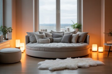 A round sofa with many pillows and a white rug in a room with a large window and soft lighting