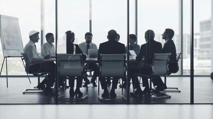 Business meeting action corporate office location group discussion content type urban environment wide angle viewpoint team collaboration concept - Powered by Adobe