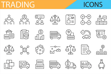 Collection of business trading icons for financial charts, delivery, and partnership themes.