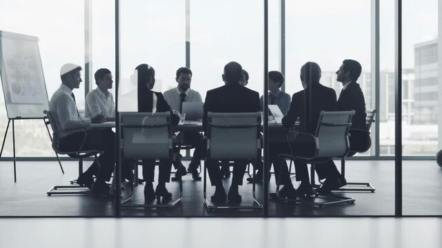 Business meeting action corporate office location group discussion content type urban environment wide angle viewpoint team collaboration concept