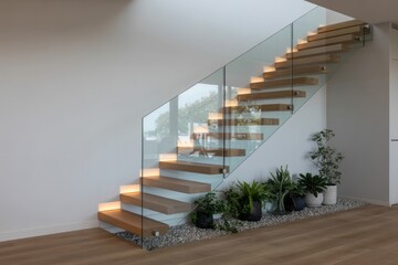 Modern staircase with floating wooden steps and glass railing illuminated by hidden lights