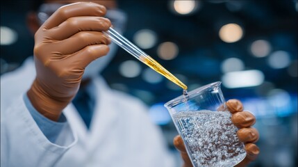 Closeup of gloved hands holding pipette and beaker collecting water samples with floating digital labels in laboratory environment
