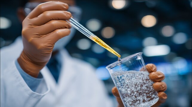 Closeup of gloved hands holding pipette and beaker collecting water samples with floating digital labels in laboratory environment