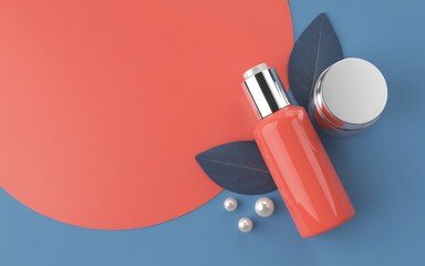Cosmetic products on a blue background with a coral circle and dark blue leaves and pearls