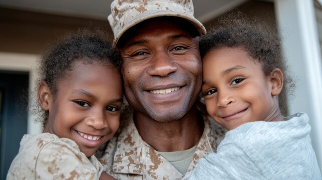 Emotional family reunion at the front door with soldier hugging two young children after returning from service