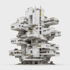 Abstract Brutalist architecture. A complex, layered concrete building against a white background.
