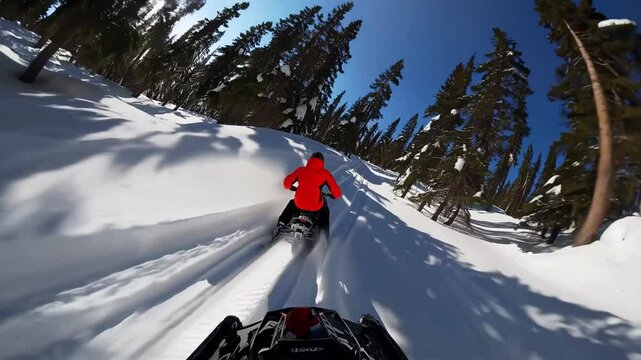 Snowmobiling adventure through pine forests on a sunny winter day in the mountains