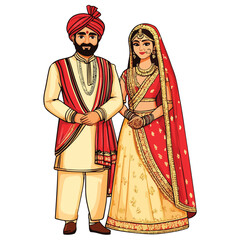 Obraz premium Punjabi Wedding Couple, Happy Indian Couple In Traditional Wedding Attire