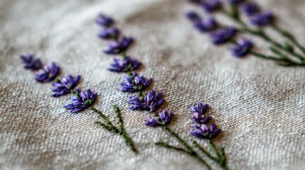 Fototapeta premium Lavender sprigs pattern embroidered on canvas tote bag. Rustic organic concept