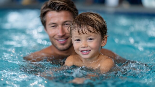 Father supporting his young son in a swimming pool during first water lesson with smiling excitement