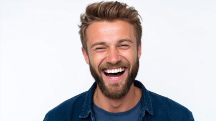 Fototapeta premium Happy adult male laughing with head tilted backwards and squinted eyes expressing joy