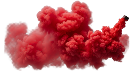 Vivid red smoke plume billows against a black background, creating a sense of energy and drama.