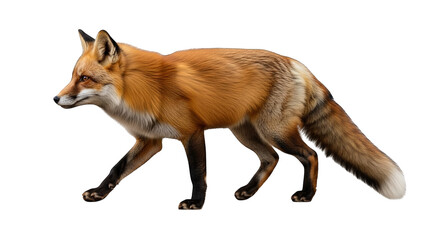 Obraz premium A solitary red fox with sleek fur cautiously advances against a stark black background gracefully.