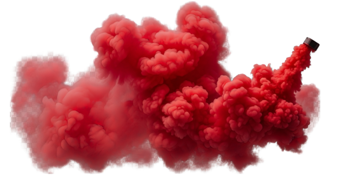 Vivid red smoke plume billows against a black background, creating a sense of energy and drama.