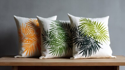 Palm leaf silhouettes screen-printed on cotton pillow. Tropical decor concept