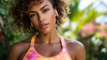 Latina woman jogging through lush tropical park in colorful activewear on a bright sunny day