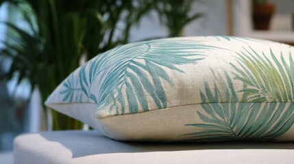 Palm leaf silhouettes screen-printed on cotton pillow. Tropical decor concept