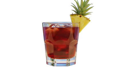 Inviting mixed beverage featuring dark liquid with ice and a pineapple slice on a black background.