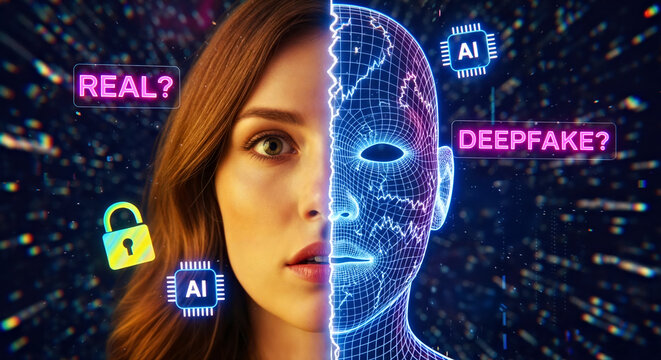 One Side of Woman’s Face is Real, Other is Digital Wireframe Mask, Collage with "Deepfake" Text Overlays 