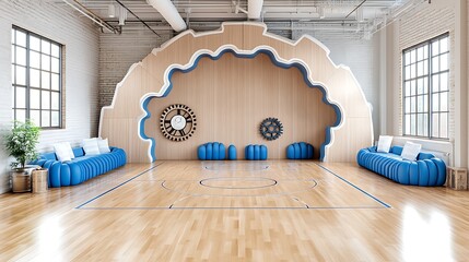 Giant Roman Clock on Basketball Court with Modern Interior Design