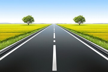 A straight road with green grass on both sides leading to the horizon and a clear blue sky