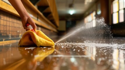 Cleaning in Progress: A Hand Sprays Cleaner and Wipes a Shiny Wooden Surface with a Yellow Microfiber Cloth, Ensuring a Sparkling Clean Interior