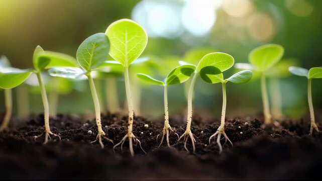 Small green sprouts with visible roots growing in dark soi. A symbol of growth, new life, and agricultural prosperity. Use for environmental conservation and sustainable development footage