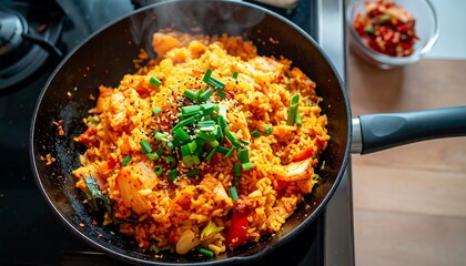 Overhead View of Sizzling Pan with Colorful Kimchi Fried Rice Topped with Fresh Green Onions