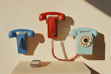 Three Vintage Telephones on Beige