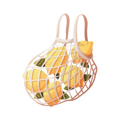 Lemons in a reusable net bag isolated on white. Vector illustration.