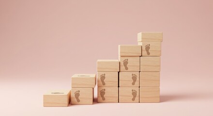Stacked wooden blocks with foot print designs on pink background  