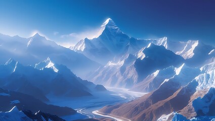 Serene Himalayan Peak: Majestic Sunrise Over Glacial Valley, Breathtaking Panoramic View