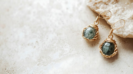 Delicate gemstone drop earrings captured on a light stone surface with soft golden reflections showcasing a minimalist and refined jewelry design in natural light


