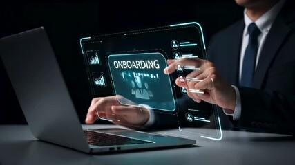 Businessman using laptop with holographic onboarding interface showing digital HR process for welcoming and integrating new employee into an organization, hiring and recruitment. - Powered by Adobe