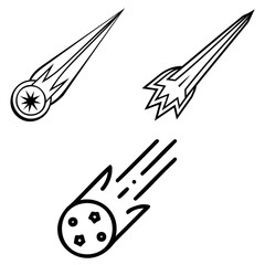 Three outlined comets with different tail designs falling diagonally in a black and white image