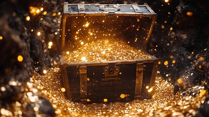 Shimmering Treasure Chest Overflowing with Golden Coins and Sparkles