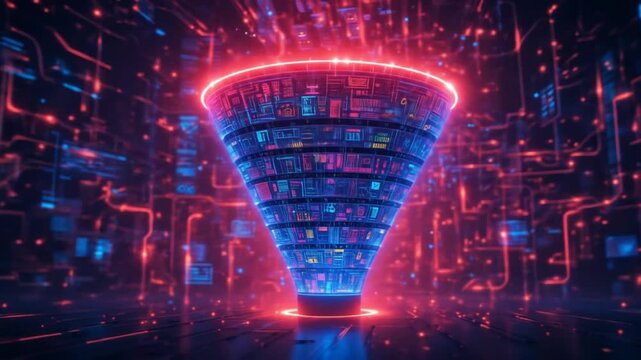 The concept of big data technology and information funnels. Large digital funnels with online data as the process of data collection, analysis, and transformation. 4k video