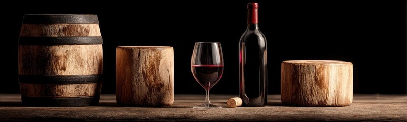 Obraz premium Wooden barrels, wine bottle, and glass on rustic table