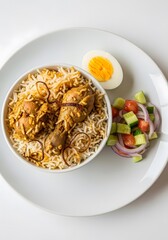 Delicious chicken biryani served with boiled egg and fresh cucumber tomato salad on white plate traditional Indian meal