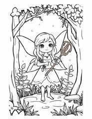 A fairy with a staff in her hands in the forest.