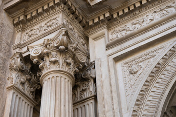 Elaborate details of the ornate columns at Santa Iglesia Catedral in Jaen, Andalusia, highlighting architectural craftsmanship and heritage