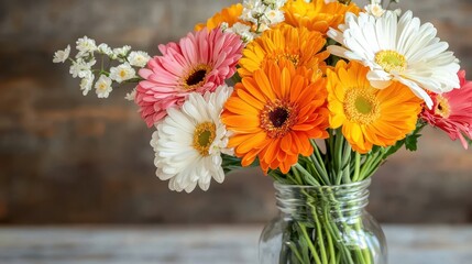 Fototapeta premium Colorful Gerbera Daisies Bouquet in Glass Jar on Rustic Wood Background