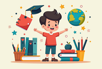 Excited boy surrounded by school supplies, including books, a globe, and pencils, celebrating the joy of learning and new academic beginnings.
