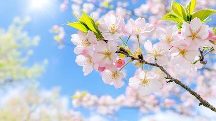 Fototapeta premium Cherry Blossoms Blooming in Spring Sunlight Under Clear Blue Sky