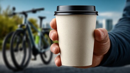 Hand Holding Disposable Coffee Cup with Bicycle in Background